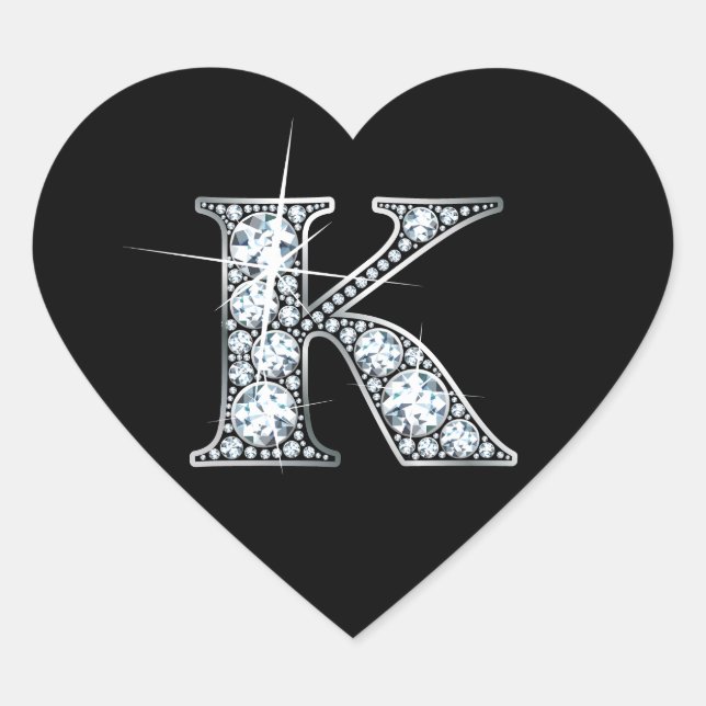 "K" Faux-"Diamond Bling" on Black Heart Sticker (Front)