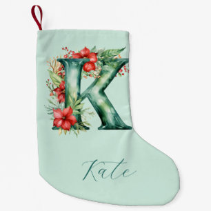 (K) Floral Monogram Green Watercolor Tree Decor Small Christmas Stocking