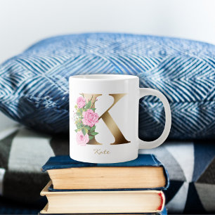 K Letter Gold Monogram   Pink Roses Floral Large Coffee Mug