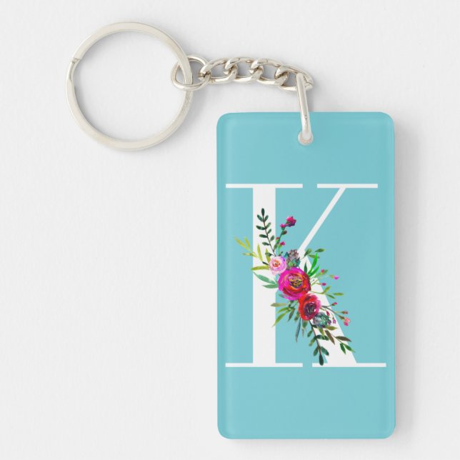 K Letter Initial Monogram Floral Custom Colour Key Ring (Front)