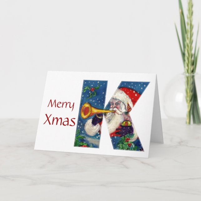 K LETTER / SANTA BUGLER MONOGRAM HOLIDAY CARD (Front)