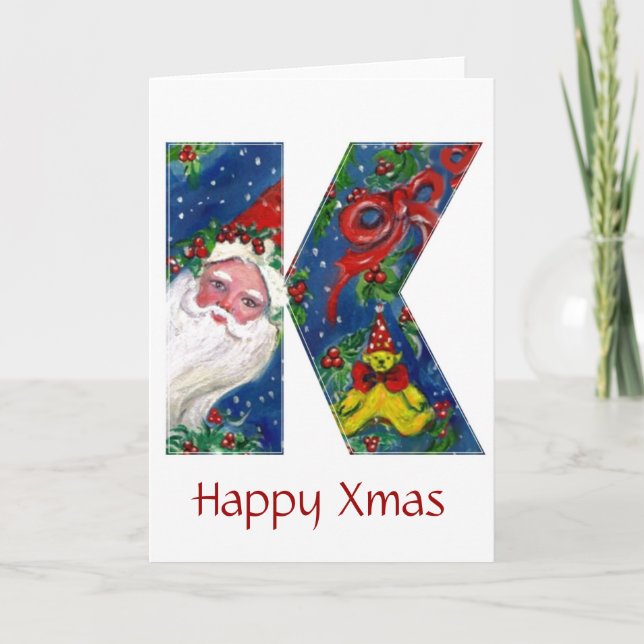 K LETTER / SANTA CLAUS WITH RED RIBBON MONOGRAM HOLIDAY CARD (Front)
