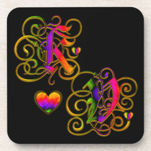K Loves V on Black Coaster with Hearts