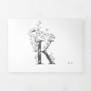 'K' Monogram Beautiful Sketched Floral Wedding Tri-Fold Invitation