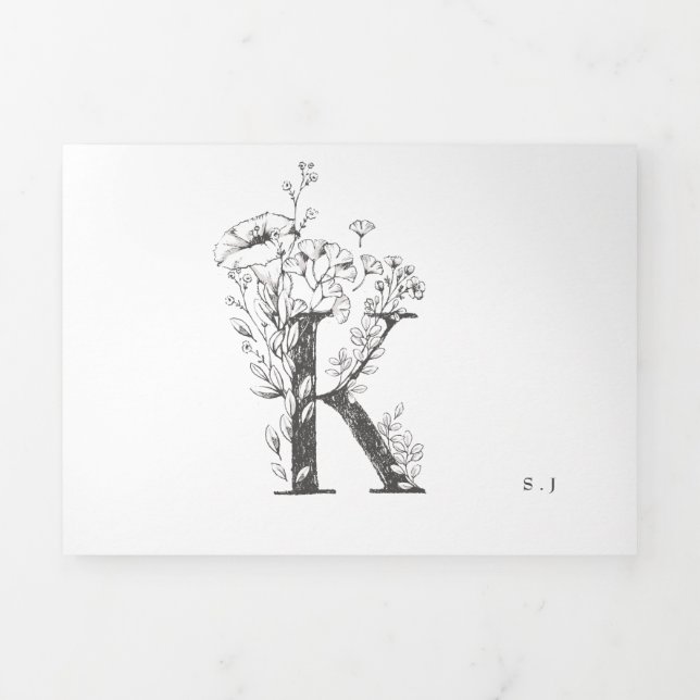 'K' Monogram Beautiful Sketched Floral Wedding Tri-Fold Invitation (Cover)