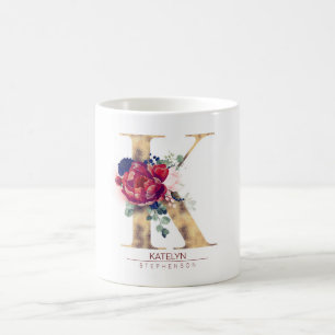 K Monogram Floral Burgundy Red and Navy Blue Coffee Mug