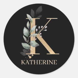 K Monogram Floral Personalised Classic Round Stick Classic Round Sticker