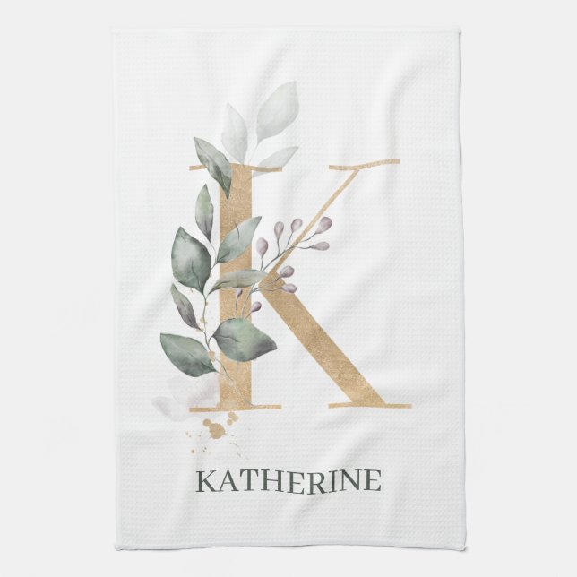 K Monogram Floral Personalised Kitchen Towel (Vertical)