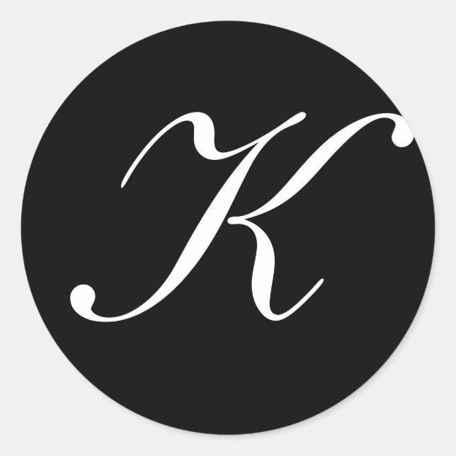 "K" Monogram Initial White on Black Classic Round Sticker (Front)