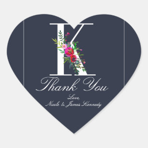 K Monogram Last Initial Modern Blue Floral Wedding Heart Sticker