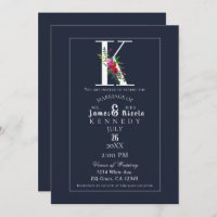 K Monogram Last Initial Modern Blue Floral Wedding