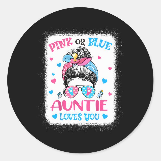 K Or Blue Auntie Loves You Gender Reveal Messy Bun Classic Round Sticker (Front)