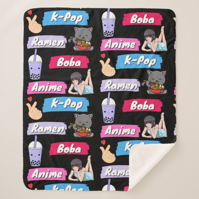 K-Pop, Ramen, Boba and Anime K-Drama Pattern  Sherpa Blanket (Front)