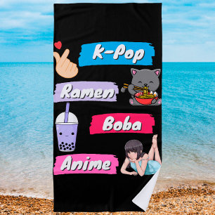 K-Pop, Ramen, Boba and Anime Pop Culture Fan Beach Towel