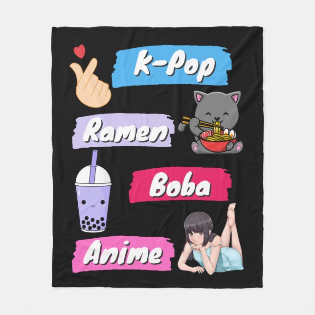 K-Pop, Ramen, Boba and Anime Pop Culture Fan Fleece Blanket (Front)