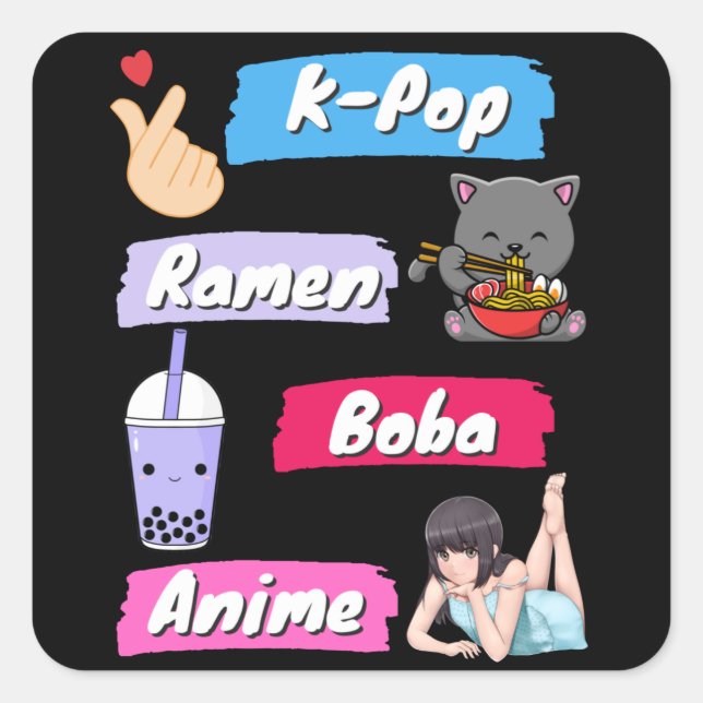 K-Pop, Ramen, Boba and Anime Pop Culture Fan   Square Sticker (Front)