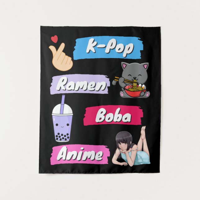 K-Pop, Ramen, Boba and Anime Pop Culture Fan  Tapestry (Front)