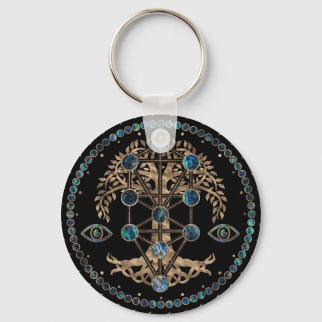 Kabbalah The Tree of Life Abalone and Gold Key Ring (Front)