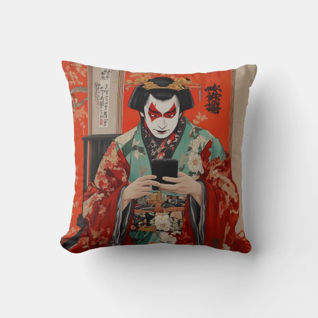 Kabuki and Keitai Throw Pillow (Front)