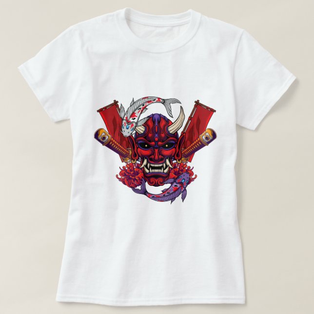 Kabuki Oni Mask and Koi Fish T-Shirt (Design Front)