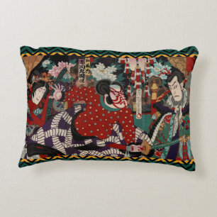Kabuki Samurai Warriors Woodblock Decorative Cushion