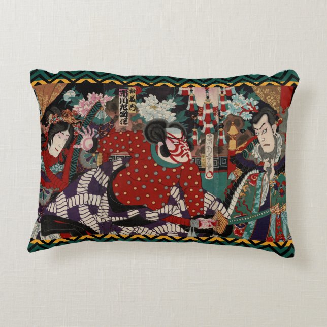 Kabuki Samurai Warriors Woodblock Decorative Cushion (Back)