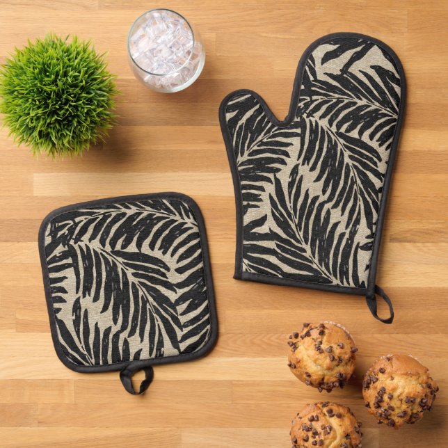 Kahanu Palms Hawaiian Faux Linen Texture Black Oven Mitt & Pot Holder Set (Top Down)