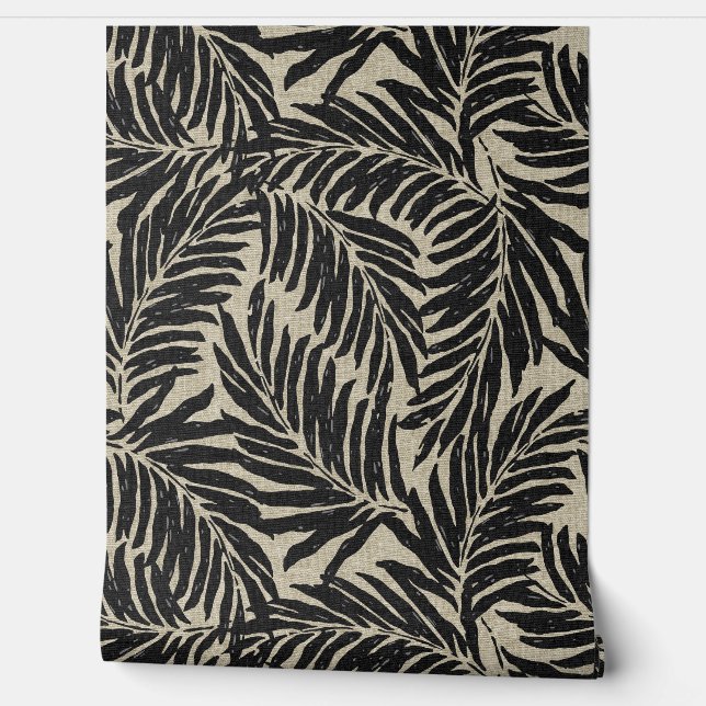 Kahanu Palms Hawaiian Faux Linen Texture- Black Wallpaper (Unrolling)