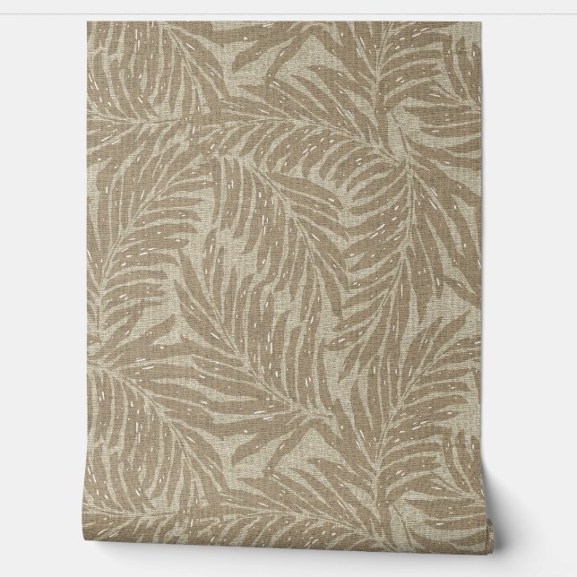 Kahanu Palms Hawaiian Faux Linen Texture- Taupe Wallpaper (Unrolling)