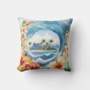 Kai Aloha Hibiscus Watercolor Wave Reversible Cushion