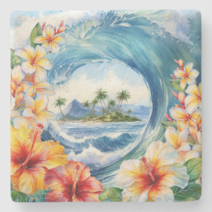 Kai Aloha Hibiscus Watercolor Wave Stone Coaster