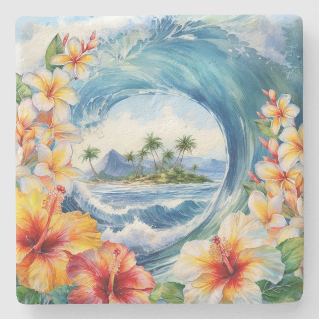 Kai Aloha Hibiscus Watercolor Wave  Stone Coaster (Front)