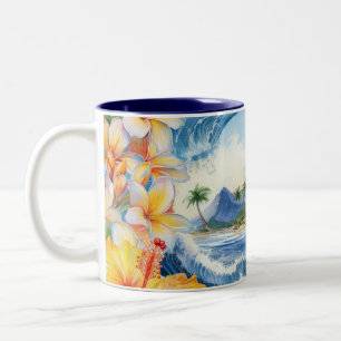 Kai Aloha Hibiscus Watercolor Wave  Two-Tone Coffee Mug