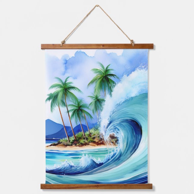Kai Aloha Island Watercolor Wave Hanging Tapestry (Front)