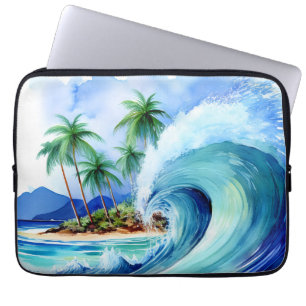 Kai Aloha Island Watercolor Wave Wetsuit Laptop Sleeve