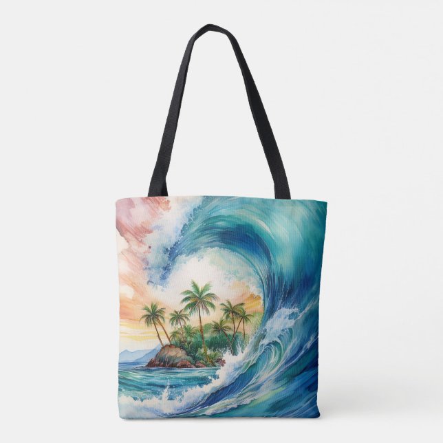 Kai Aloha Motu Watercolor Wave Beach Bag (Back)