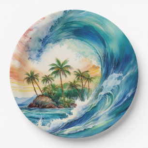 Kai Aloha Motu Watercolor Wave Paper Plate