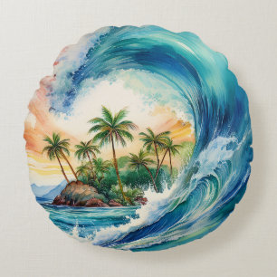 Kai Aloha Motu Watercolor Wave Round Cushion