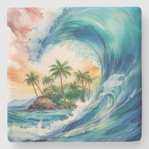 Kai Aloha Motu Watercolor Wave Stone Coaster