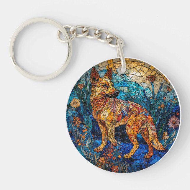 Kai Ken Dog Stained Glass Artwork Key Ring (Front)