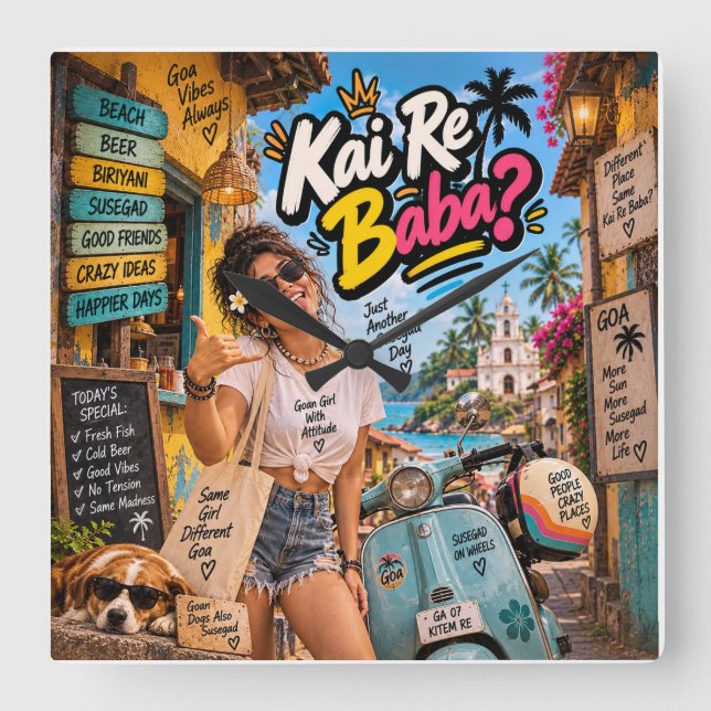 Kai Re Baba? — Just Another Susegad Day Square Wall Clock (Front)