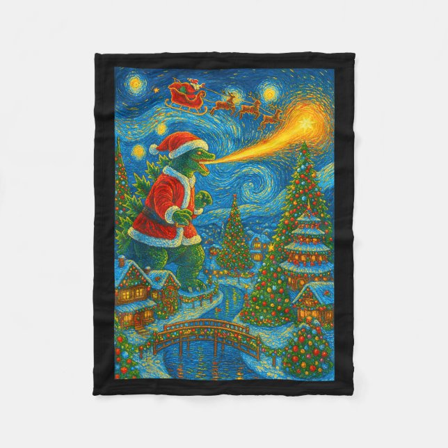 Kaiju Christmas Van Gogh Starry Night Japanese Mon Fleece Blanket (Front)