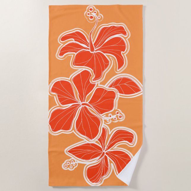 Kailua Hibiscus Hawaiian Engineered Floral -Orange Beach Towel (Front)