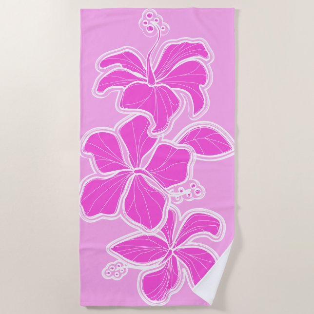 Kailua Hibiscus Hawaiian Engineered Floral - Pink Beach Towel (Front)