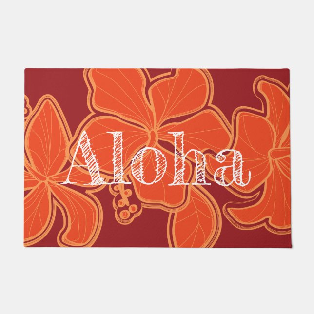 Kailua Hibiscus Hawaiian Floral Aloha Red Doormat (Front)