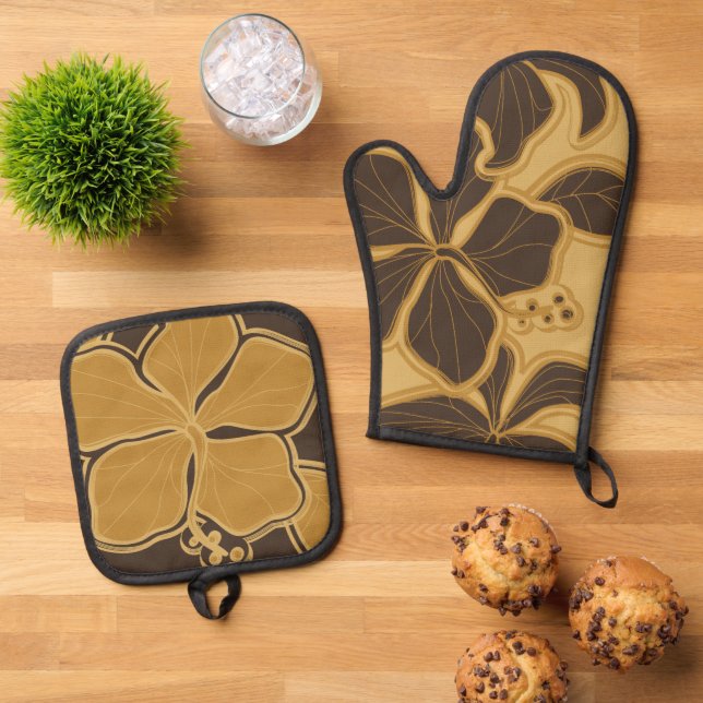 Kailua Hibiscus Hawaiian Floral Gold Brown Oven Mitt & Pot Holder Set (Top Down)