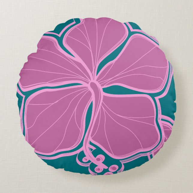 Kailua Hibiscus Hawaiian Reversible Floral Round Cushion (Front)