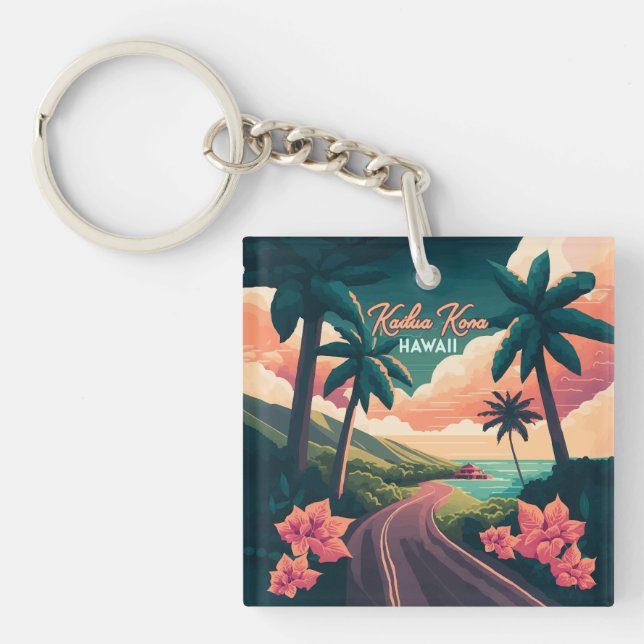 Kailua Kona Hawaii Big Island Sunset Retro Key Ring (Front)