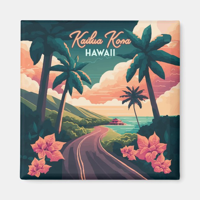 Kailua Kona Hawaii Big Island Sunset Retro Magnet (Front)