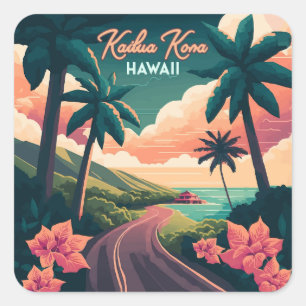 Kailua Kona Hawaii Big Island Sunset Retro Square Sticker